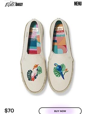 Keds Natural Canvas Espadrille Slip-Ons with Colorful Parrot Embroidery